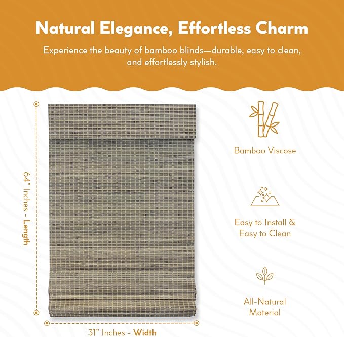 Radiance Cordless Bamboo Blinds - Flatstick Bamboo Roman Shades for Interior Windows - Roll Up Woven Shades with Valance - Inside & Outside Mount Roman Window Shades - Driftwood - 31" W x 64" L
