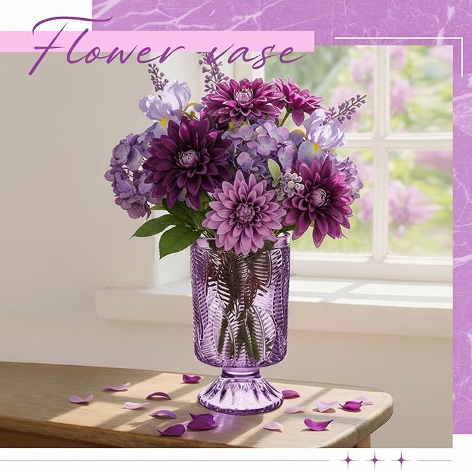6 Pcs (H: 7" W: 4") Embossed Flower Vase Pedestal Glass Vase Big Base Thickened Crystal Vintage Vases for Wedding Party Home Decor Table Centerpiece House Warming Gifts (Purple,Classic)