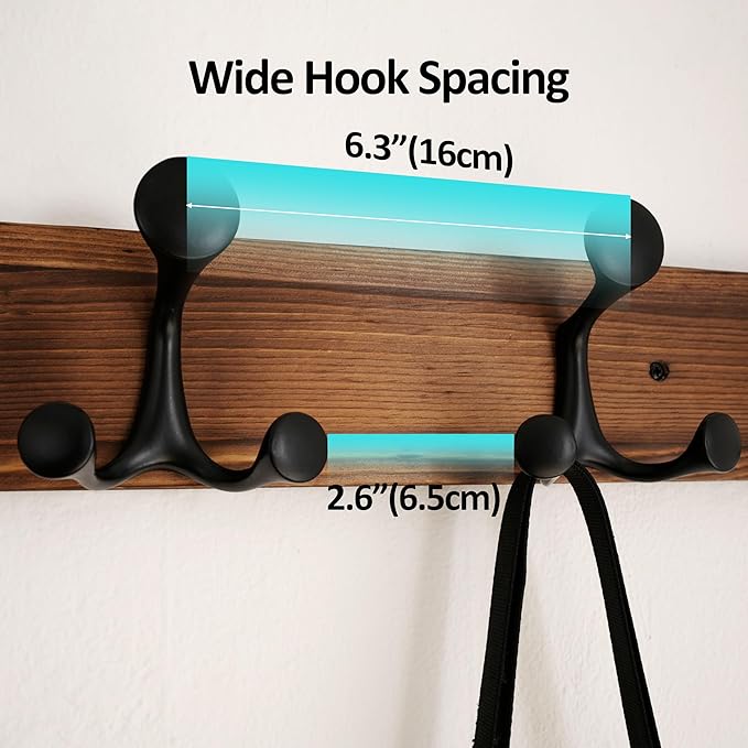 WEBI Coat Rack Wall Mount,24" Solid Wood Coat Hooks Wall Mounted Coat Hanger,16" Hole to Hole,Heavy Duty Hook Rack,4 Triple Hooks for Hanging Coats,Jacket,Hat,Backpack,Farmhouse,Brown,2 Packs