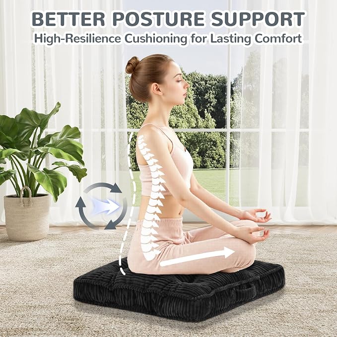 Meditation Floor Cushion, 24x24 Tufted Floor Cushion for Adults, Square Large Meditation Cushion Pillow, Corduroy Sitting with Handle, Yoga Seating for Tatami, Dark Grey, 1Pack