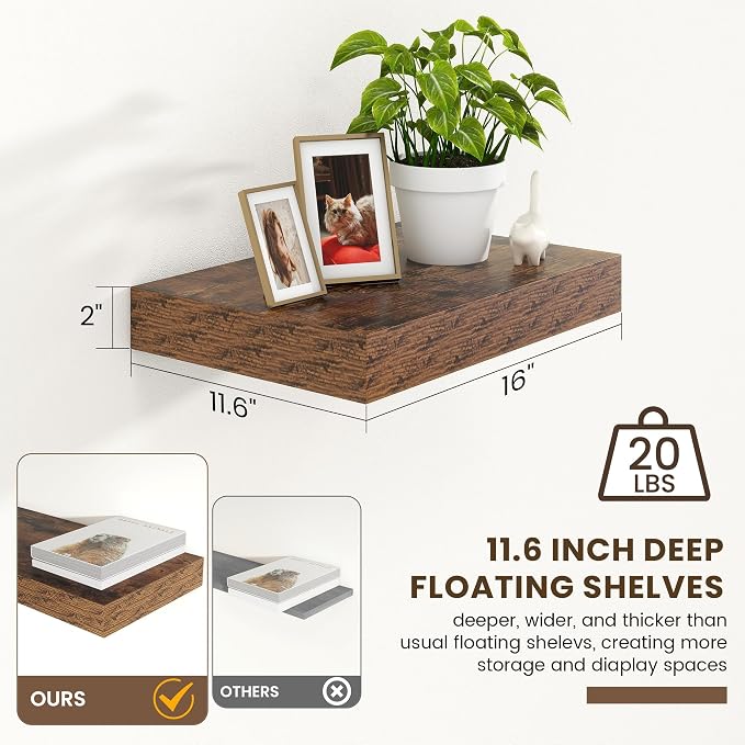 FLYJOE 12 Inch Deep Floating Shelves, 16'' Brown Floating Shelves Set of 2 | 12'' Deep Shelves for Wall, 16'' x 12'' Rustic Brown Wood Shelves for Living Room Bathroom Kitchen Bedroom