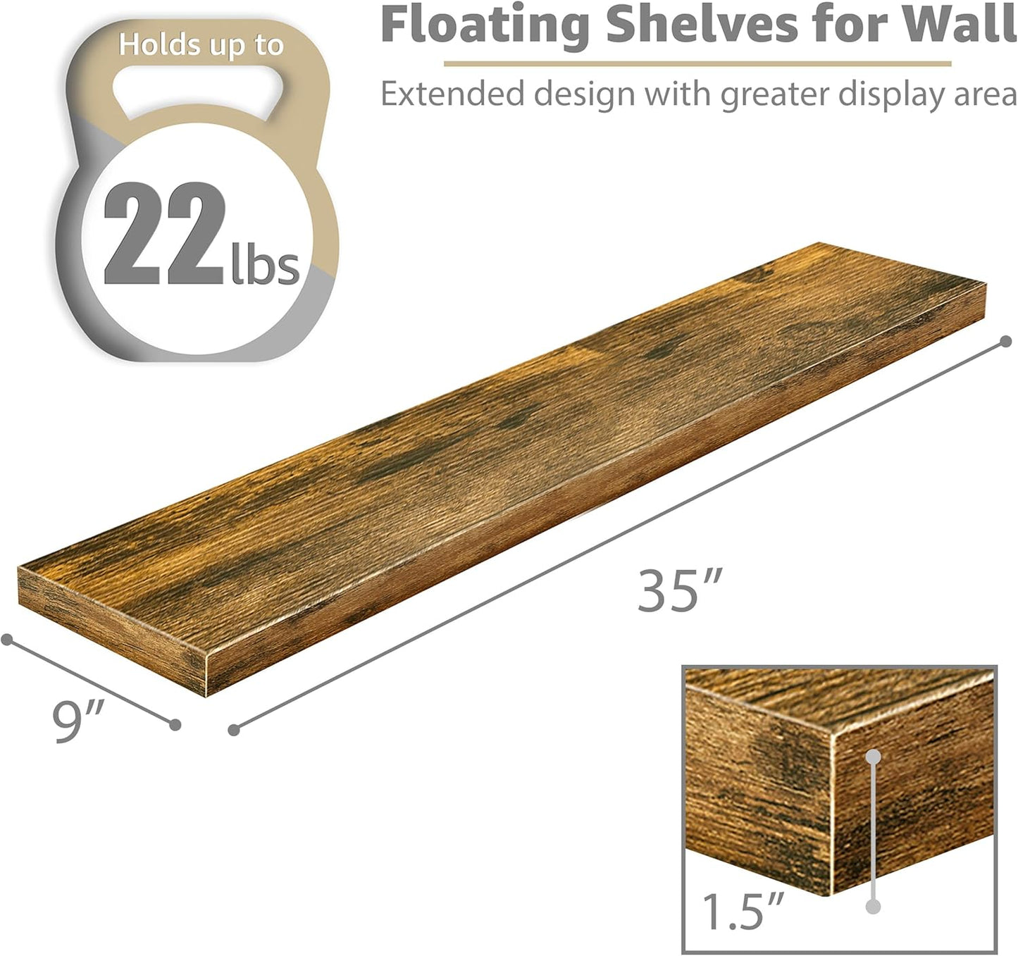 Sorbus Floating Shelves for Wall - 35 Inch Long Bathroom Shelves, Wall Decor for Bedroom, Kitchen, Living Room & Book Storage - Mounted Floating Shelf with Invisible Brackets (Rustic Brown, 3 Pack)