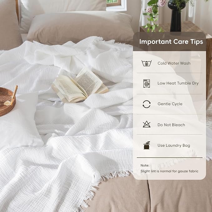 MooMee Muslin Blanket - 100% Cotton 4-Layer Gauze Throw Blanket with All-Around Fringe, Soft Breathable Lightweight Cooling Summer Blankets for Bed Couch (Bright White,King 104" x 90")