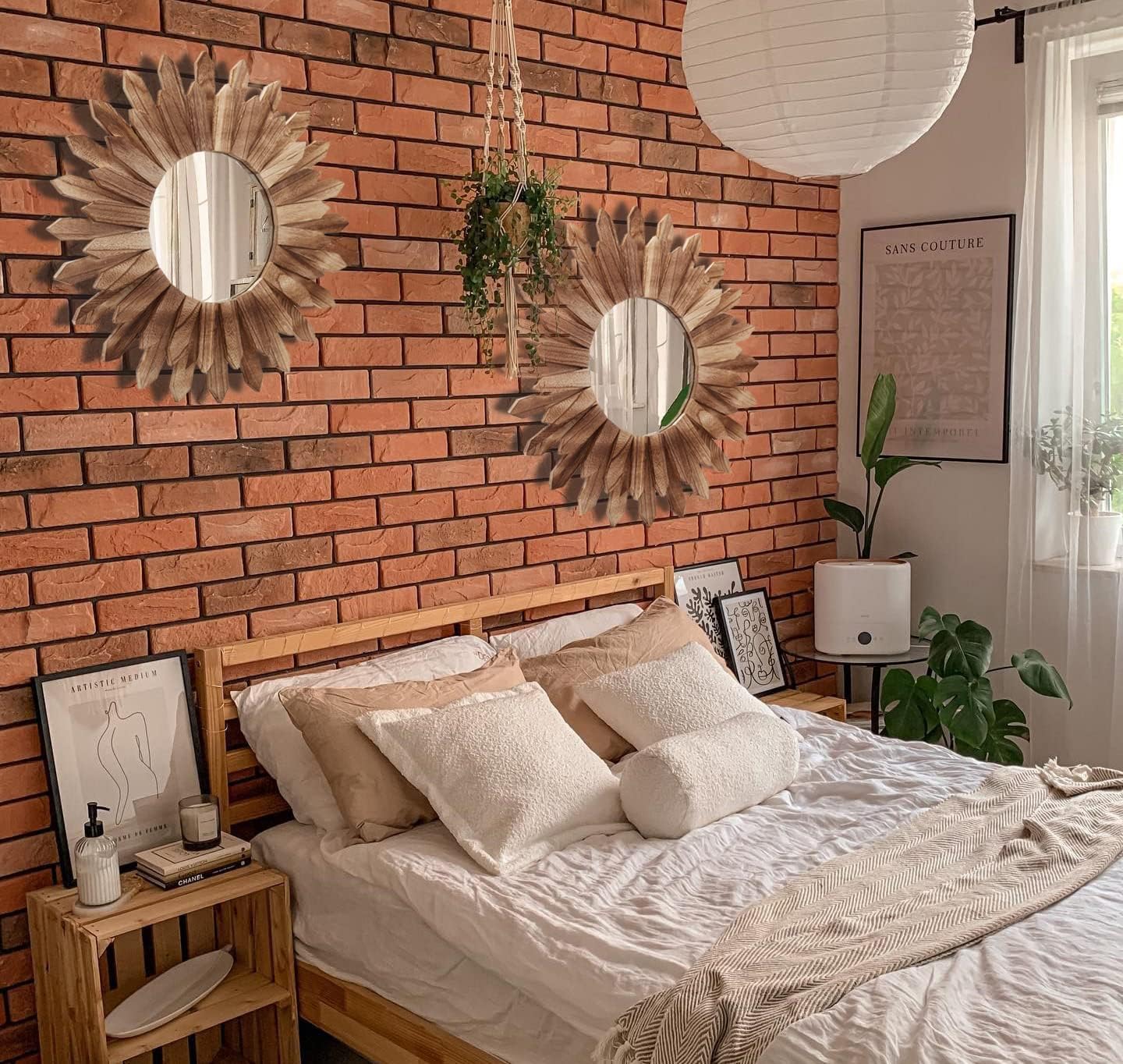 LOSOUR 2 Pack 22 Inch Boho Wall Sunburst Mirror Rustic Round Wood Decorative Mirror Boho Wall Art Decor for Entryway Bedroom Living Room