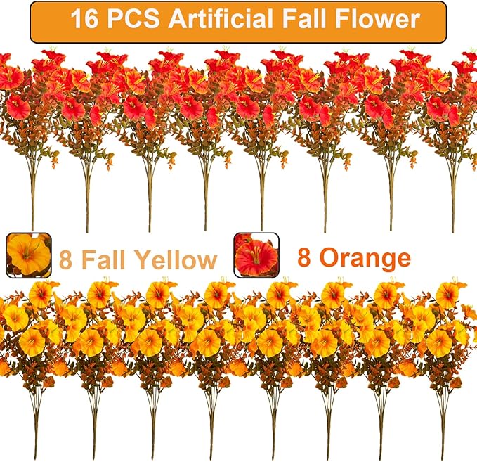 Grunyia 16 PCS Outdoor Fall Artificial Flower - Autumn Thanksgiving Halloween Porch Decor, Faux UV-Resistant Plants for Front Door, Wall, Fence, Fireplace Mantel Decorations