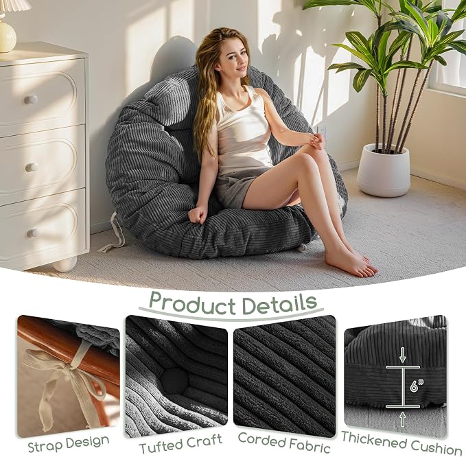 HIGOGOGO Papasan Chair Cushion with Corduroy Cover (Without Chair), 48 x 48 Inch Supportive Cushion, Overstuffed Chair Cushion,Dark Grey