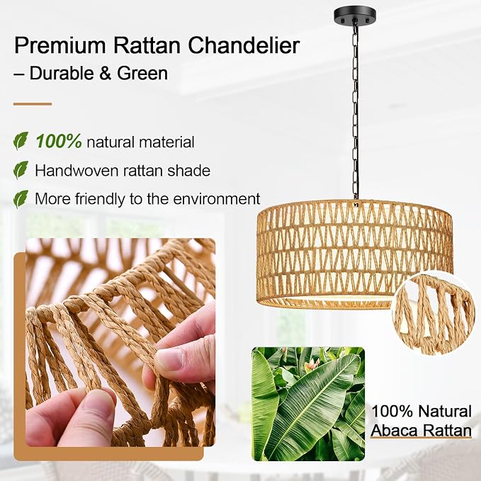 9"-52" Height Adjustable Farmhouse Chandelier Light Fixture, 5-Light Rattan Boho Chandeliers for Dining Room, Hand Woven Pendant Light with Linen Shade, Rustic Hanging Lighting for Kitchen Island