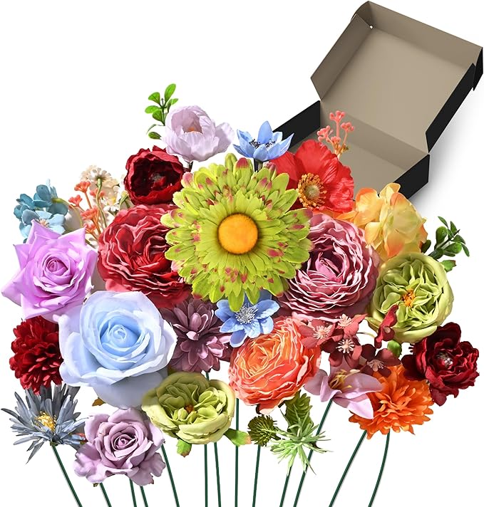 Artificial Flowers Combo Box, 38PCS Fake Flowers, Silk Flower Mix with Wire Stem, DIY Wedding Bridal Bouquet for Arrangement, Shower Party Home Décor, Multi Color