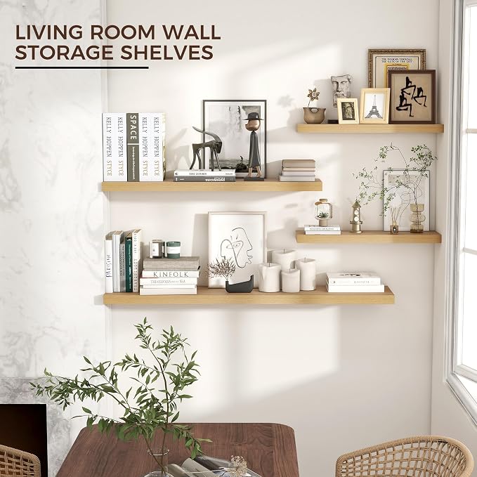 Venusmiles 36" Wide x 8" Deep Floating Shelves for Wall, Oak Finish, 2-Pack | Engineered Wood Wall Shelves with Invisible Brackets for Living Room, Bedroom, Bathroom, Office & Kitchen Storage