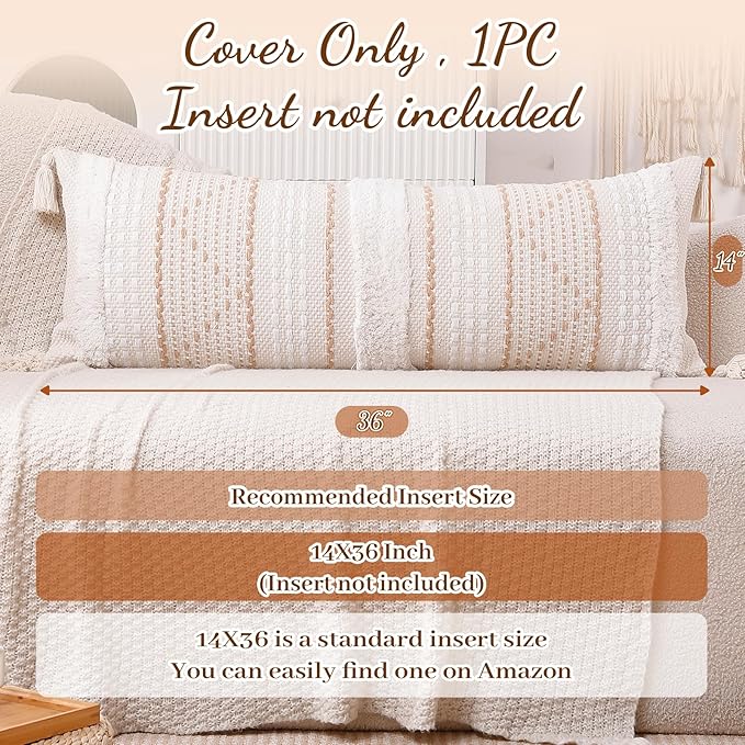 14x36 Lumbar Pillow Cover, Boho Tufted Decorative Throw Pillowcase with Tassels for Bed Couch & Sofa, Modern Farmhouse Accent Cushion, Dark Beige (Cover Only)
