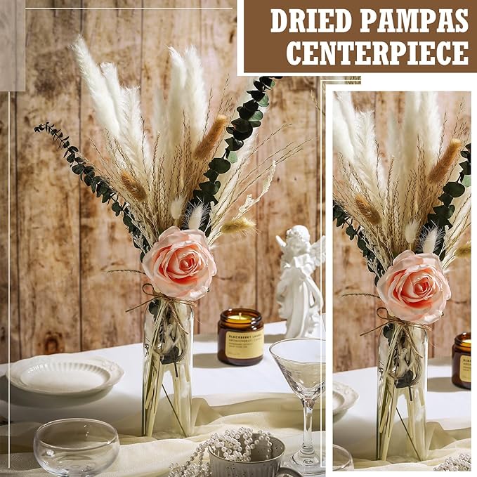 Qinyoung 10 Set Dried Pampas Grass Centerpiece for Wedding Baby Shower Party 10 Glass Flower Jars 10 Artificial Roses 80 Dried Pampas Grass with Rope for Rustic Bridal Farmhouse Decoration(Pink)