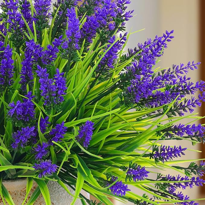 Rowfad 44 Pcs Artificial Outdoor Flowers Lavender Fake Greenery Plants UV Resistant Grass with Purple Flowers for Pot Decor for Window Garden Patio Hanging Planter Pathway Front Porch (44, Purple)