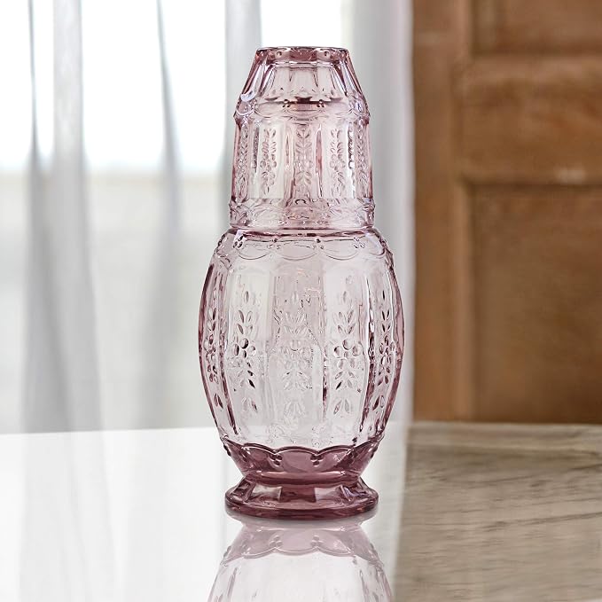 Elle Décor Vintage Bedside Water Carafe With Tumbler – Elegant Pitcher and Matching Drinking Glass Doubles As Lid For Guest Room, Office-Makes A Gift, 4.7x10.4, Pink