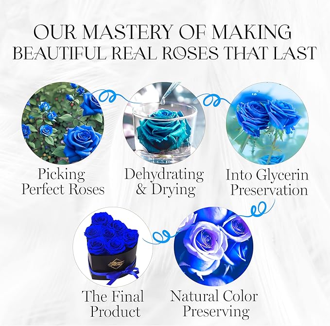 GLAMOUR BOUTIQUE 7 Flower Forever Heart Shape Box, Eternal Preserved Roses Gift for Her, Lasting Flowers, Petite Floral Heart Box for Birthday, Anniversary or Valentine’s Day, Blue (Color-Treated)