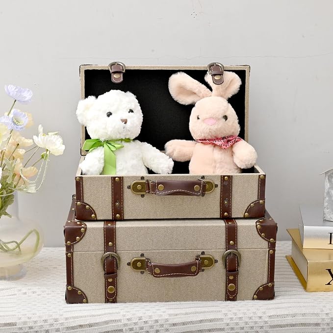 DDECOR4SEASON Set of 2 Decorative Vintage Storage Trunks, Natural Canvas Wrapped Wood Keepsake Boxes with Faux Leather Trim and Antique Accents, Stackable Nesting Chests for Home Décor