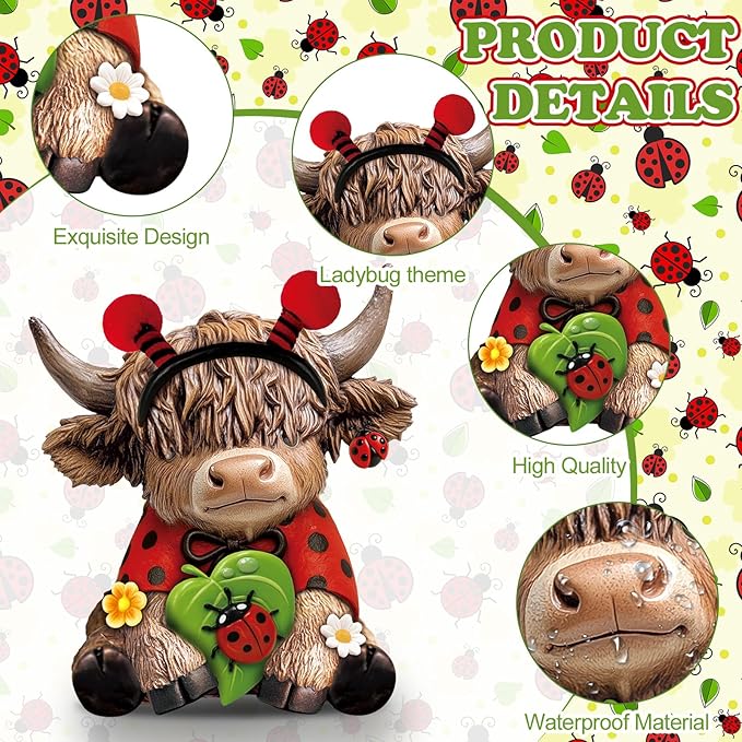 Karenhi 2 Pcs Spring Ladybug Highland Cow Figurines, Summer Ladybird Cute Resin Cow Decoration Statue Calf Gifts for Home Garden Kitchen Office Tiered Tray Table Decor