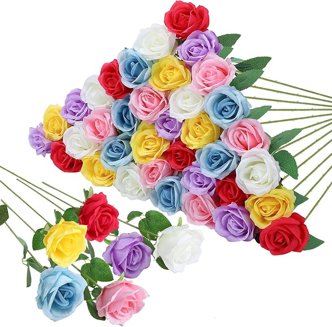 36 Pcs Mixed 6 Color Artificial Roses with Long Stems, Fake Silk Rose Artificial Flowers Bulk for Bridal Wedding Bouquet Centerpiece Ball Arrangement Party Decor