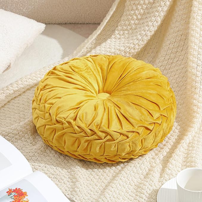 Drydiet 1 Pcs Round Throw Velvet Pillows Decorative Pleated Throw Pillows Diameter Accent Pumpkin Boho Chair Cushion for Couch Sofa Home Decoration (Golden Mustard,15'')