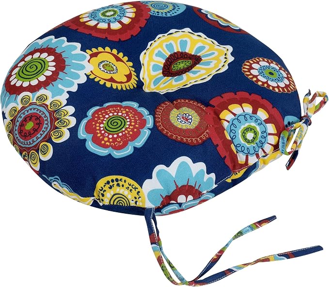 Magpie Fabrics Outdoor Round Bistro Seat Cushions with Ties, 15"x15"x4" Set of 2, Tufted Waterproof Barstool Chair Pads for Patio Home Garden Office, Floral Navy