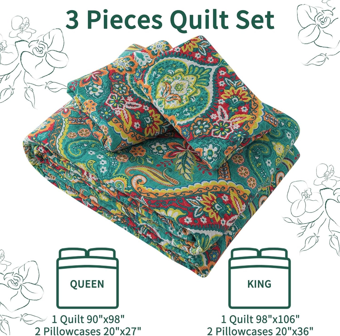 VAPUTAR Cotton Bedspreads Queen Size with Floral Pattern, 3 Pieces Soft Lightweight Reversible Quilted Bedspread Coverlet(90*98 inch), Farmhouse Style Queen Quilt Bedding Set Suitable for All Season