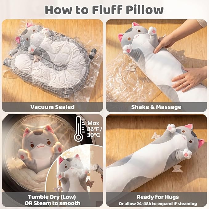Mewaii Long Cat Plush 5 Sizes, 120% Extra Filling Giant Plushness Kids Body Pillow, Kawaii Cute Grey Cat Stuffed Animals Plushies, Big Long Body Pillow Plush Gift for Girls 28”