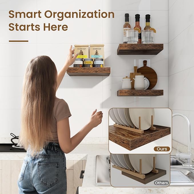Square Floating Shelves for Wall, 12"W x 12"D x 1.5"H, 3 Pack Small Wall Mounted Engineered Wood Shelves with Invisible Brackets for Living Room, Bedroom, Bathroom, Kitchen Decor, Rustic Brown