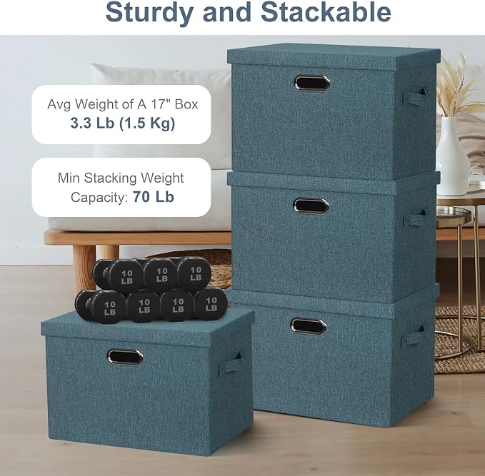 Graciadeco Large 17" 36 Quart Collapsible Stackable Storage Bins with Lids, 3 Packs Blue-Green Linen Fabric Closet Boxes with Lids, Storage Cube Baskets Container Organizers for Bedroom (17x12x11)