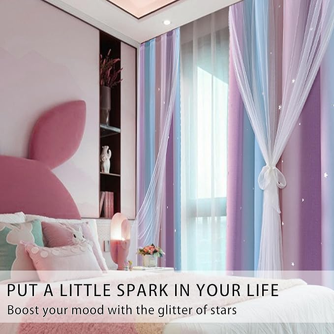 XiDi Kids Curtains 84 Inches Long for Girls Bedroom Nursery Rainbow Blackout Curtains Unicorn Princess Theme Home Decor Grommet Pink and Purple Blue Curtains W34 X L84 2 Panels Set
