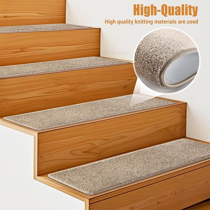 PURE ERA Carpet Stair Treads Tape Free Non Slip Indoor Stair Carpet Stair Protectors Pet-Friendly Non-Slip Skid Resistant Washable Reusable 8" x 30"(7 Pieces,Cream Gray)