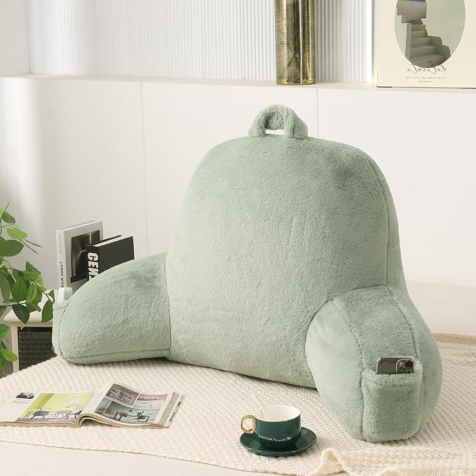 Large Plush Backrest Pillow for Sitting in Bed,Faux Fur,Green | 19" Back Pillow with Arms Supports Adults,College Students,Elbows & Forearms for Dorm Reading,Gaming,Watching TV