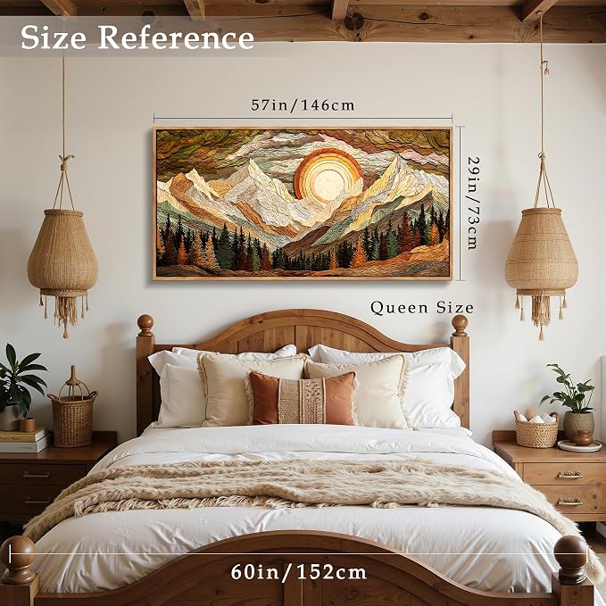 imjiayu Extra Large Framed Mountain Wall Art, Boho Art Wall Decor, Layered Wood Effect Sunset Forest Landscape Canvas Print, Rustic Nature Wilderness Wall Decor for Living Room Bedroom Office, 29"x57"