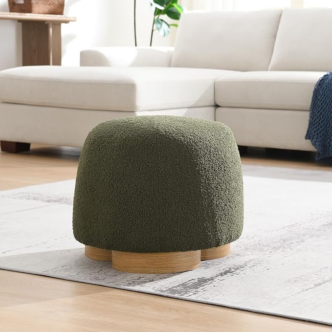 GDFStudio 20" Round Teddy Fabric Ottoman Stool, Upholstered Footrest with Foam Seat, Modern Accent Ottoman, Entryway Bedroom Vanity Stool, Fully Assembled, Metal Trim Base, Green