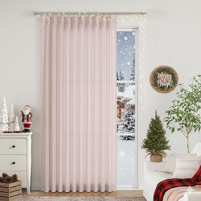 Vision Home Light Pink Pinch Pleated Semi Sheer Curtains Textured Linen Blended Light Filtering Window Curtains 112 inch for Living Room Bedroom Patio Pinch Pleat Drapes with Hooks 1 Panel 60"Wx112"L