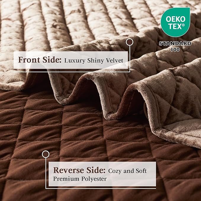 Cosybay Luxury Velvet Quilt Set King, Lightweight Oversized Bedspread Coverlet Quilted Box Stitch Bedding Set, with 2 Matching Pillow Shams, for All Season, Mocha Brown