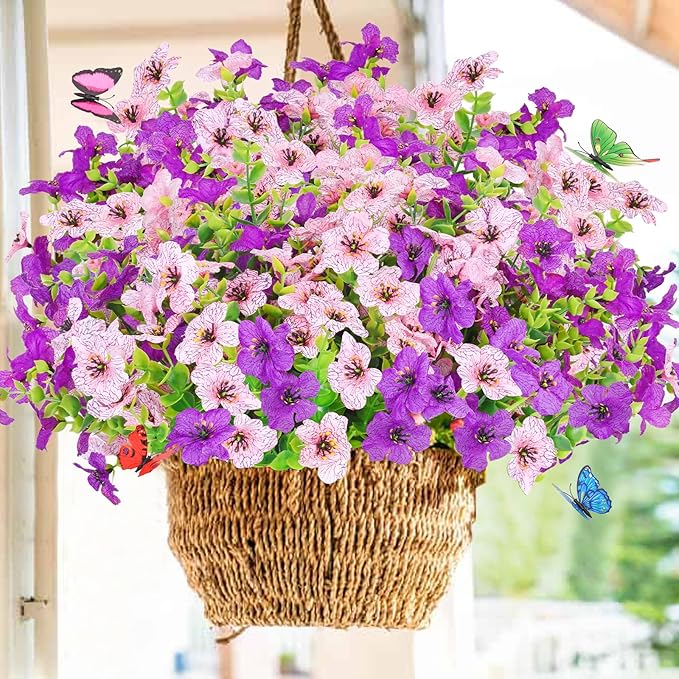 Yastouay 12 Bundles Artificial Flowers for Outdoors, UV Resistant Artificial Outdoor Flowers No Fade Fake Outdoor Flowers Plants for Garden Porch Window Box Farmhouse Pot Planters Decor (Fuchsia+Pink)