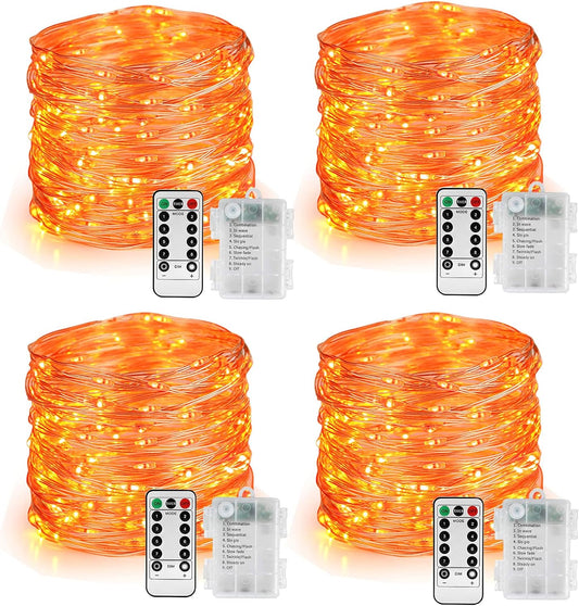 BrizLabs Orange Fairy Lights, 4 Pack 19.47ft 60 LED Orange Halloween Lights, 8 Modes Battery Halloween Light with Remote, Waterproof Outdoor Indoor Twinkle Light for Home Christmas Holiday Party Decor