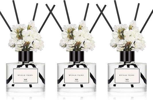 WEALD TRIBE Real Flower Reed Diffuser Set of 3 for Bathroom Shelf Decor, Lemongrass,Eucalyptus & Mint,Velvet Vanilla Scent Sticks Defusers with Essential Oils | Home Office Fragrance(1.7 fl oz/Pack)