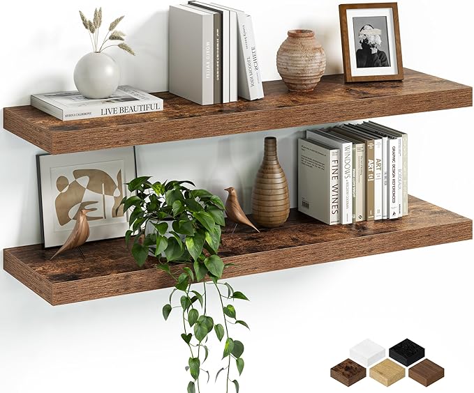 Fun Memories Floating Shelves for Wall, 32 Inch Set of 2 Rustic Wood Wall Shelves with Invisible Brackets, Heavy Duty Storage Display for Living Room Bedroom Kitchen, Brown