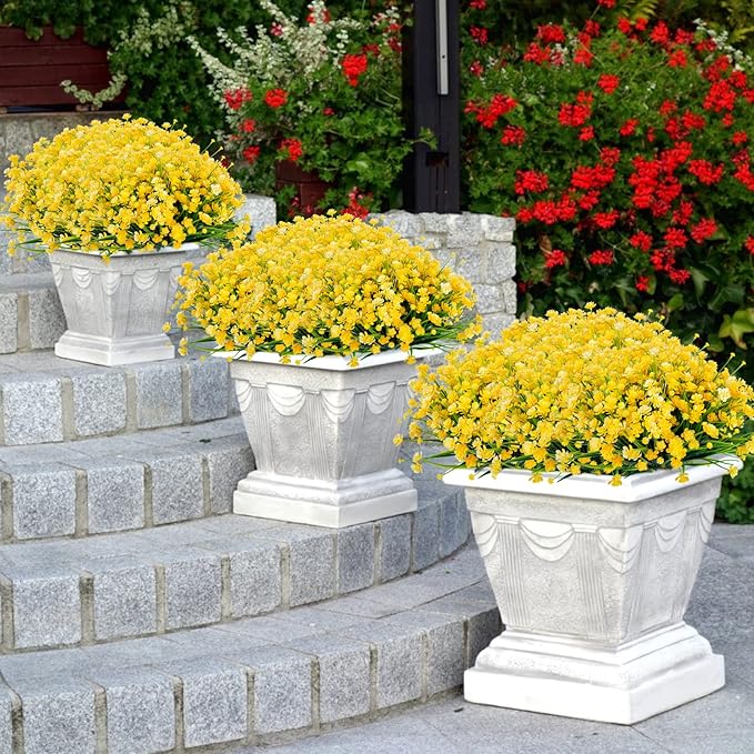 Ouddy Decor 24 Bundles Artificial Flowers for Outdoors UV Resistant Fake Plastic Plants Faux Greenery Stems for Spring Summer Indoor Garden Patio Window Box Kitchen Home Decor, Yellow