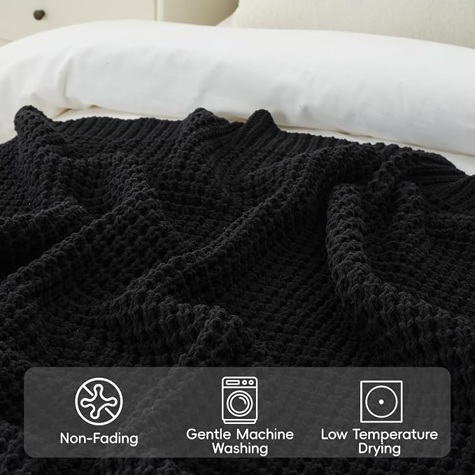Bunnikins & Clover Black Waffle Knit Throw Blanket, Cozy Stylish Black Blanket for Sofa Bedroom, Home Decor, 50"x60"