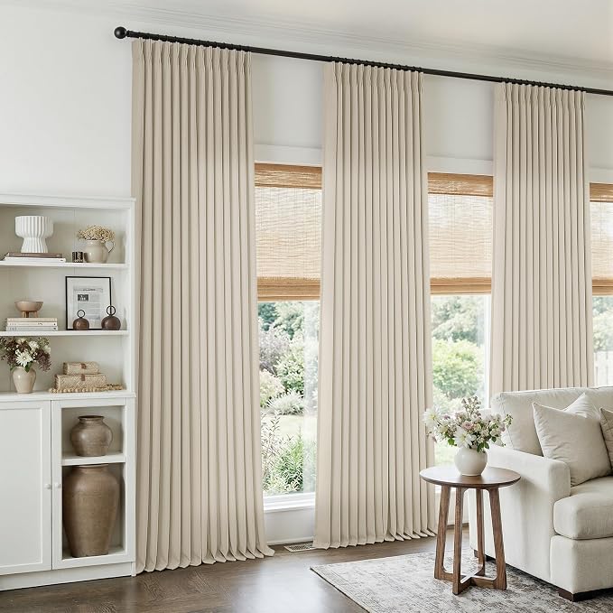 Oatmeal 102 Inch Linen Pleated Curtains for Bedroom Living Room Light Filtering Semi Sheer Pinch Pleat with Back Tab Farmhouse Neutral Window Drapes Beige 102 Inches Long Curtains 2 Panels Set