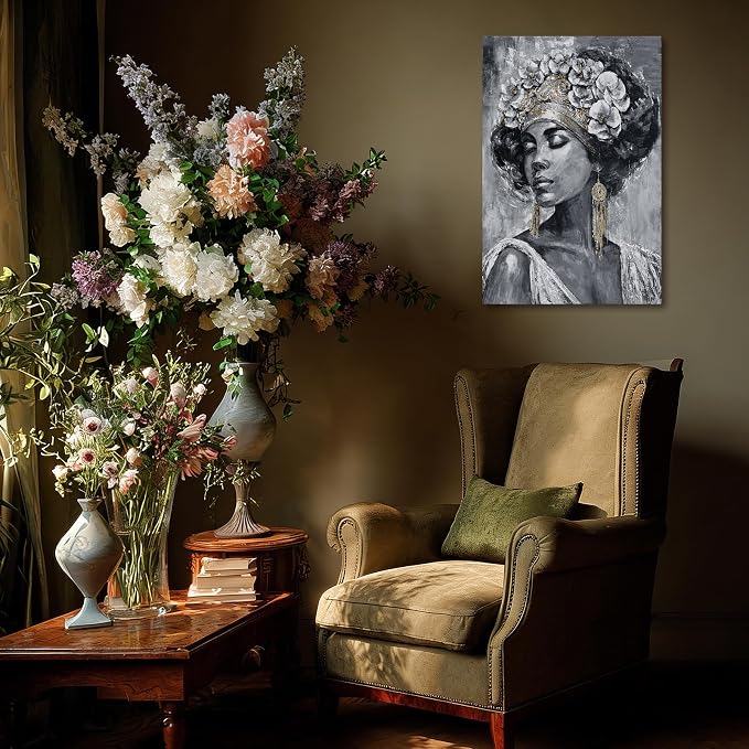 ZUNARE Abstract African Woman Canvas Wall Art Black White and Gold Portrait Painting Modern Figurative Artwork for Living Room Bedroom Office Decor 24x36inch