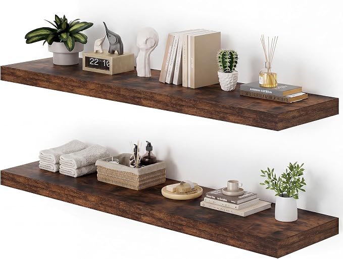 Heimlove 48W x 12D Long Floating Shelf, Set of 2, Wood Shelves for Bedroom Living Room Bathroom Kitchen Home Office, Rustic Brown