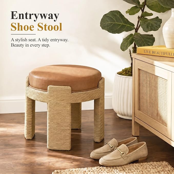 Round Vanity Chair, Boho Hand-Woven Rope Upholstered Accent Footrest Stool Makeup Ottoman Stool Fully Assembled for Bedroom Living Room, Brown Leather