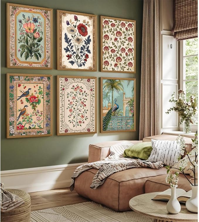 Indian Wall Art Vintage Floral Canvas Poster India Wall Decor Folk Flower Prints Scandinavian Pictures Antique Botanical Painting Gallery Artwork for Bedroom Living Room 8x10x6 Inch Wood Framed