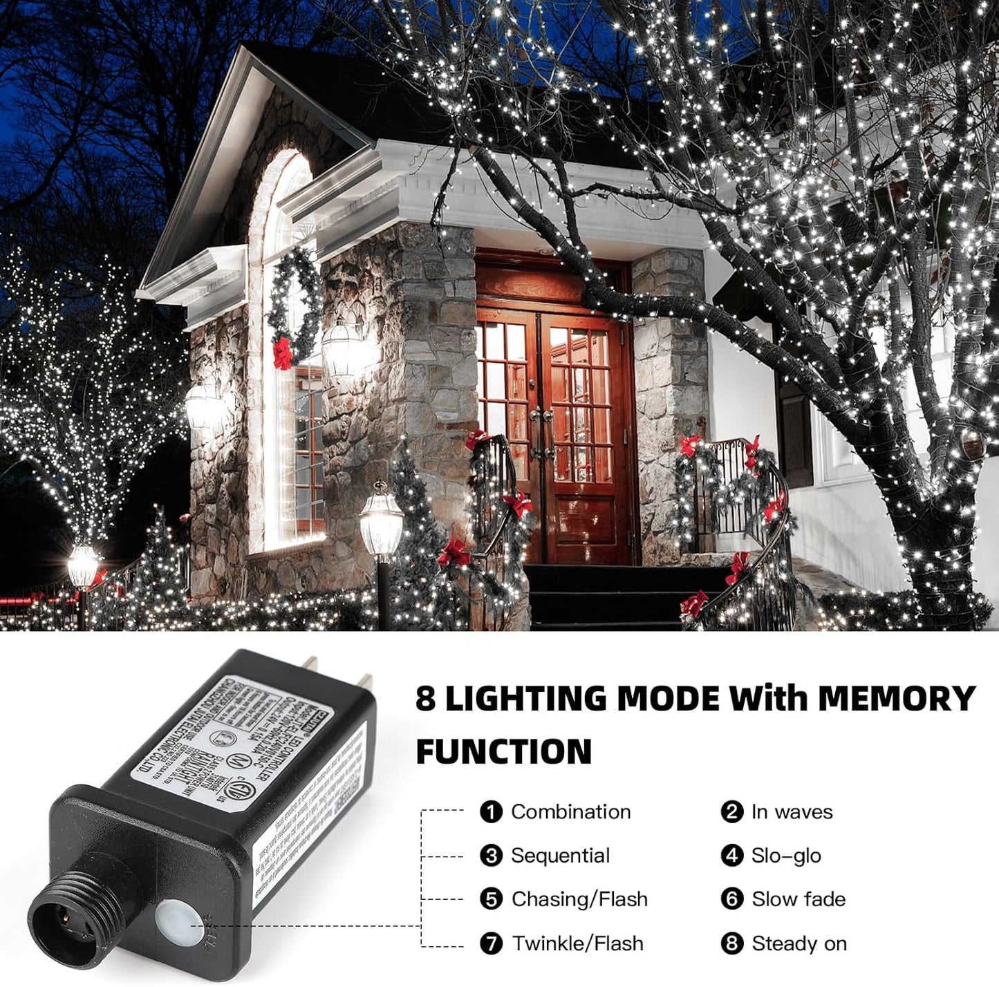 XTF2015 170FT 500 LED Christmas String Lights, Christmas Lights End-to-End Plug 8 Modes - UL Certified - Outdoor Indoor Fairy Lights for Christmas Tree, Garden, Party, Wedding, Holiday (Cool White)