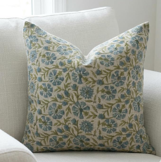 Linen Throw Pillow Covers 20x20 inch Blue Green Decorative Pillow Covers for Living Room, Bedroom