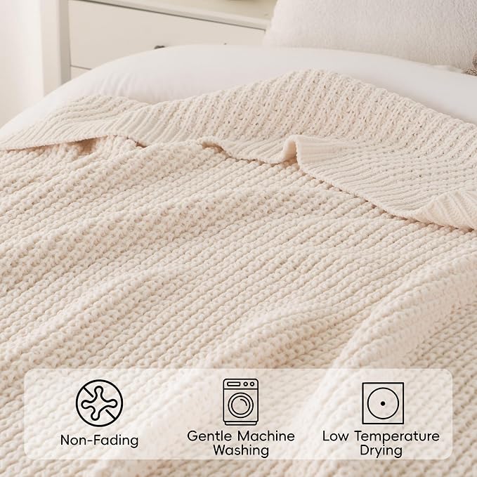 Bunnikins & Clover Cream White Throw Blanket for Couch, Waffle Ivory Throw Blanket for Bed, Warm Decorative White Blanket Throw for Home Decor, 50"x60"