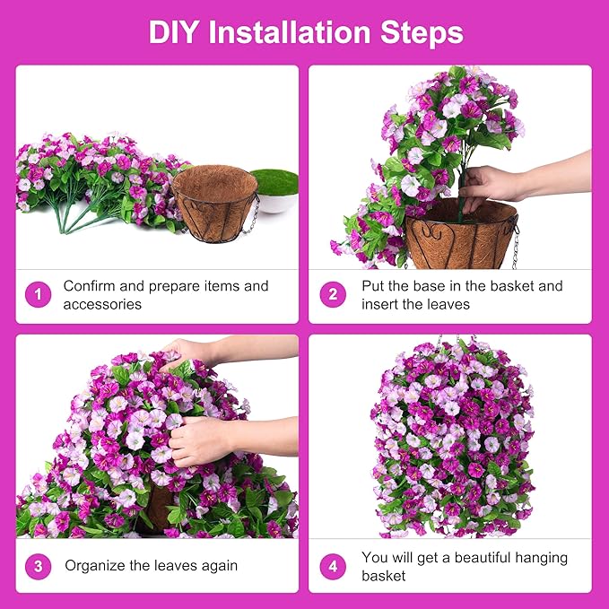 INXUGAO Artificial Flowers with Hanging Basket, Outdoor Faux Plants Silk Morning Glory Vines, Fake Green Arrangement for Garden Patio Spring Summer Decor(4pcs,Darkorchid)