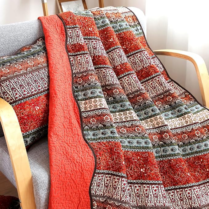 NEWLAKE Quilt Throw Blanket with Classical Floral Patchwork, Orange Jacquard, 60X78 Inch